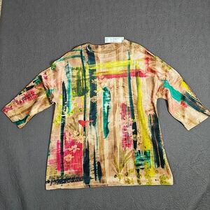 Ali Miles Artsy Abstract 3/4 SleeveTop Women's Med Abstract Multicolor Textile